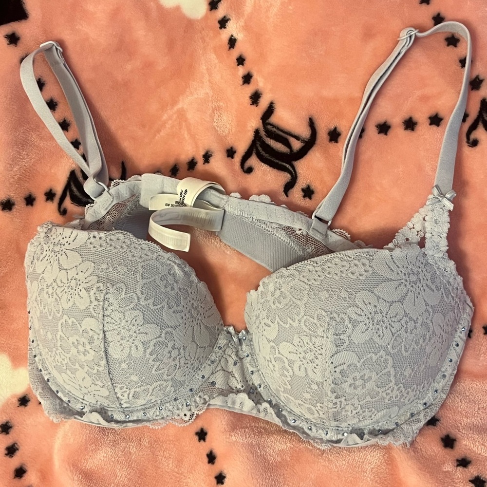 PINK Victoria's Secret Lace push up Bra with rhinestones- Soft Blue